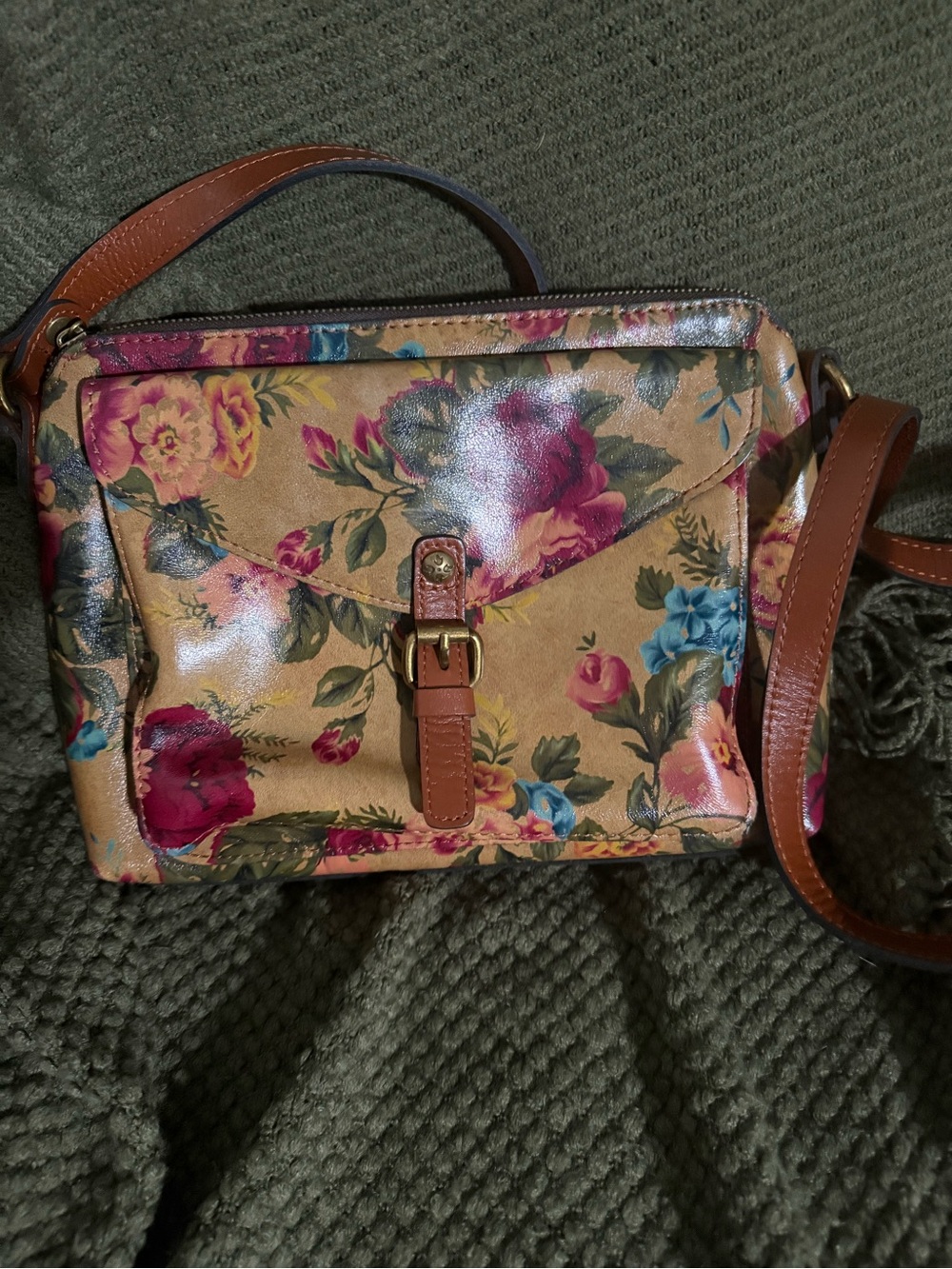 Patricia Nash Floral Tan Crossbody with Pink & Blue Flowers